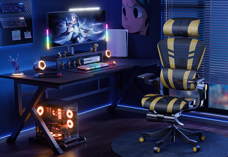 Yellow and black Hinomi ergonomic gaming chair in a high-tech gaming room with custom RGB lighting, gaming PC, and wide screen display.