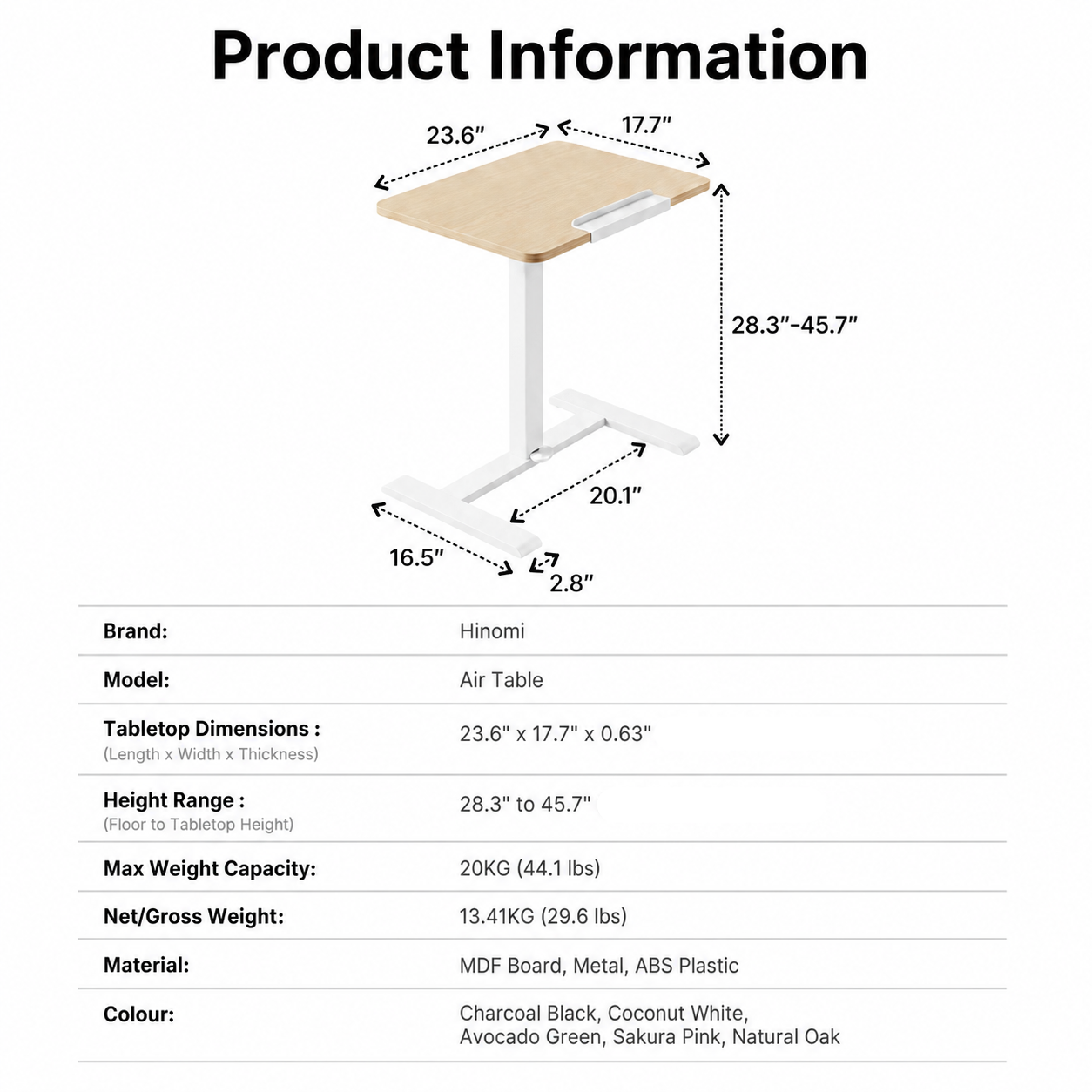 Hinomi Air Desk Height Adjustable, Tiltable, Foldable Desk with Wheels | Laptop Table