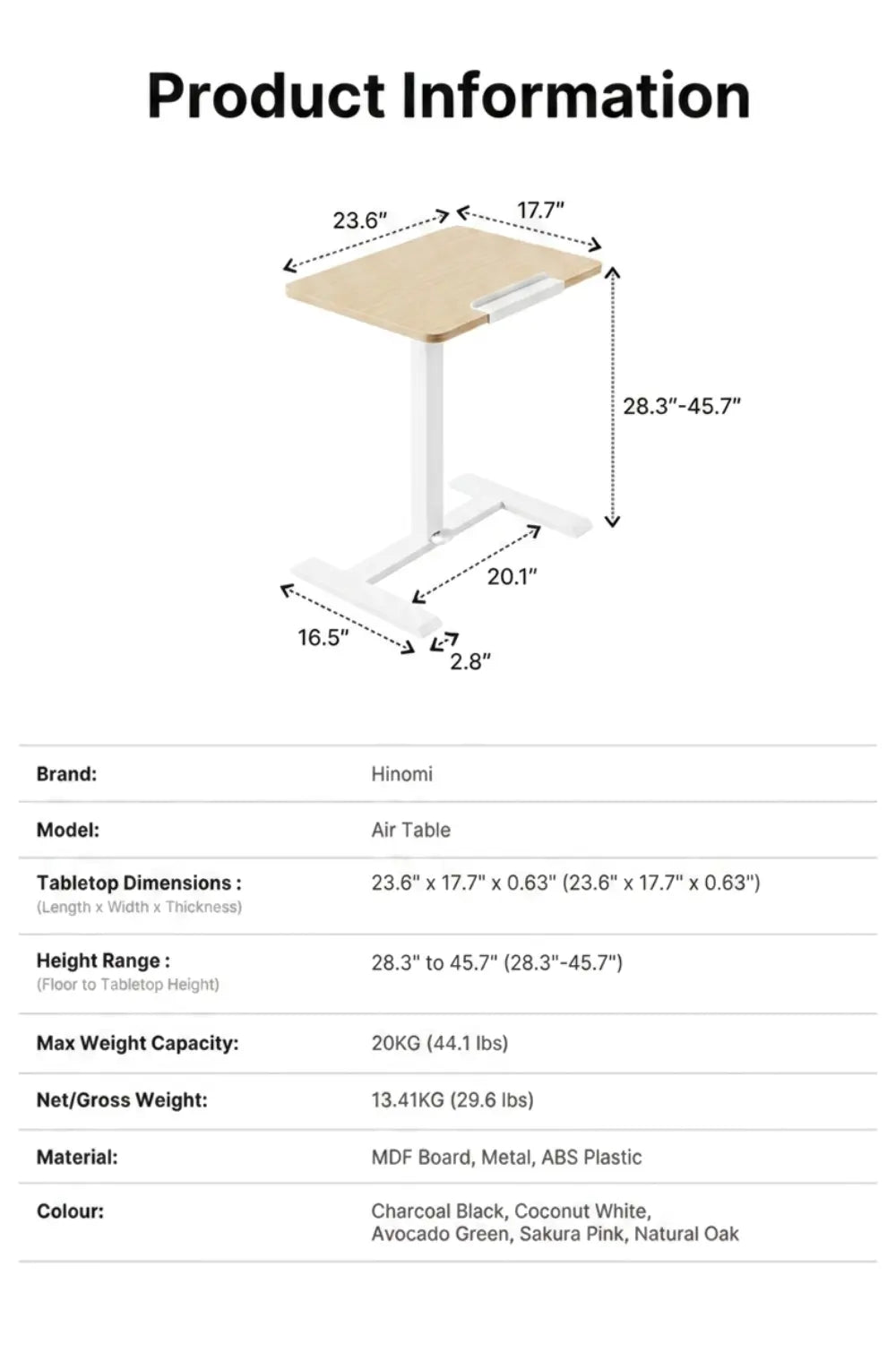 Hinomi Air Desk Height Adjustable, Tiltable, Foldable Desk with Wheels | Laptop Table