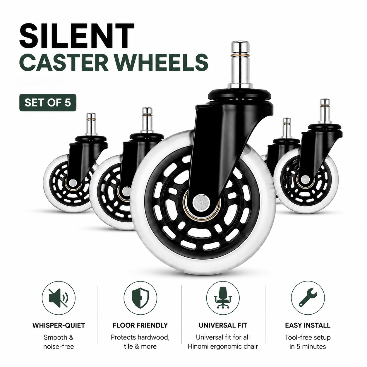 Hinomi Silent Chair Casters – Quiet Replacement Wheels (Set of 5)
