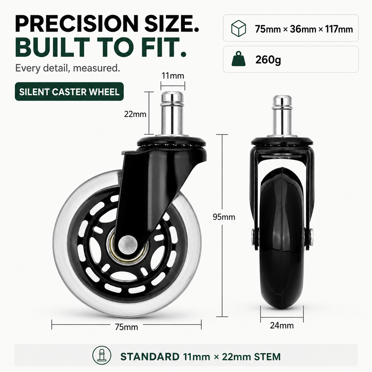 Hinomi Silent Chair Casters – Quiet Replacement Wheels (Set of 5)